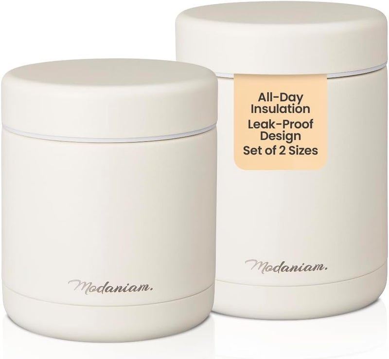 Modaniam Stainless Steel Insulated Food Jar Set of 2 (16oz + 12oz) | Wide Mouth | Hot Food Lunch Container | Thermal Lunch Box | Insulated Soup Bowl | Hot & Cold Lunch Box for Adults, Teens | Vanilla - Image 1